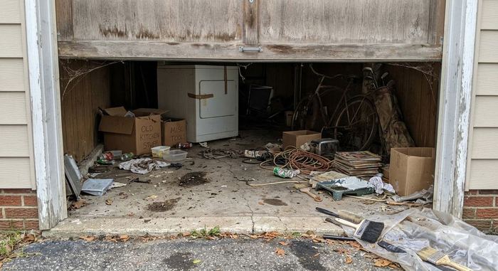 Junk-filled garage before